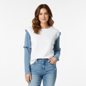 White and Blue Ruffle Sleeve Top- Medium